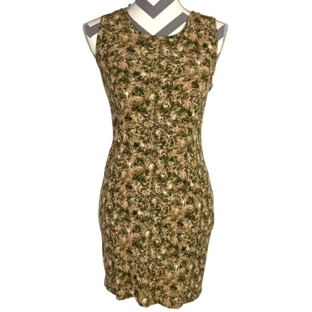 Vintage 90s Floral Print Sleeveless Crepe Dress Womens 8 Petite Medium Green